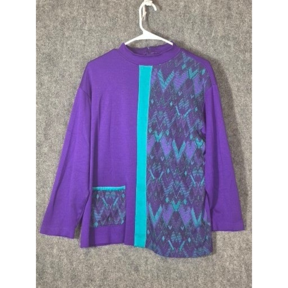 Graff Californiawear Vintage Purple Geometric Mock Neck Knit Top‎ USA Geometric